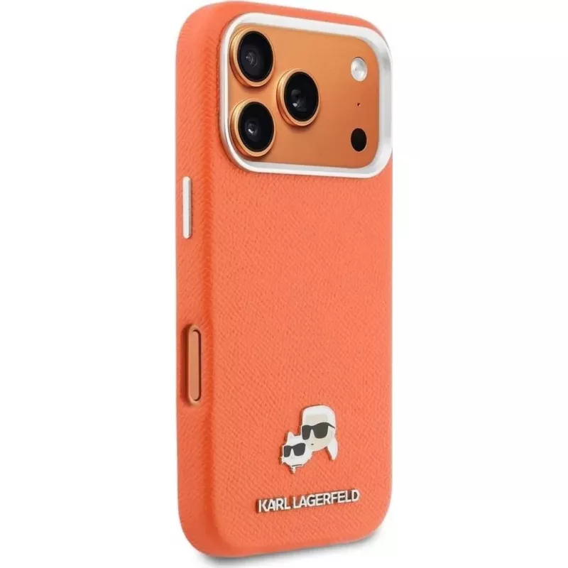 Karl Lagerfeld Karl & Choupette Head Pins Saffiano MacSafe maciņš iPhone 17 Pro Max – oranžs