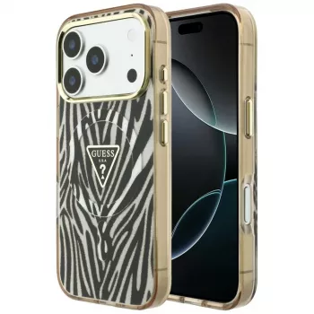 GUESS IML Zebra Glitter Triangle Logo MagSafe maciņš iPhone 18 Pro Max / 17 Pro Max - Gold