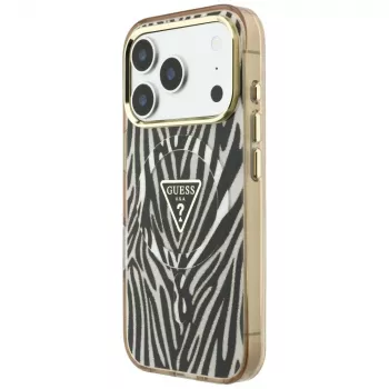 GUESS IML Zebra Glitter Triangle Logo MagSafe maciņš iPhone 18 Pro Max / 17 Pro Max - Gold
