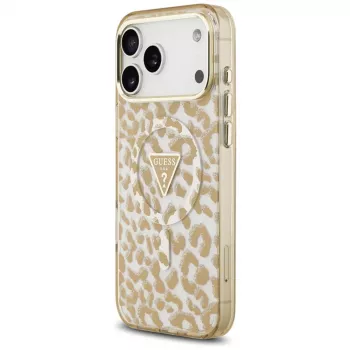 GUESS IML Leopard Glitter Triangle Logo MagSafe vāciņš iPhone 18 Pro / 17 Pro, brūns