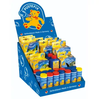 PUSTEFIX Mini-Store displejs – 24 x 42 ml burbuļu šķīduma pudelītes ar kociņiem, letes displejs mazumtirdzniecībai