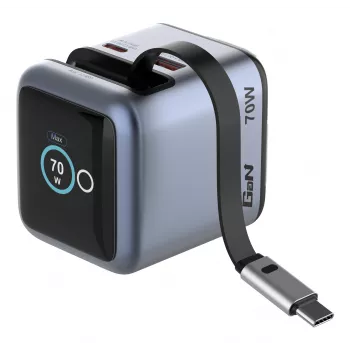 Verbatim Mini GaN lādētājs 70W ar ievelkamu USB-C kabeli