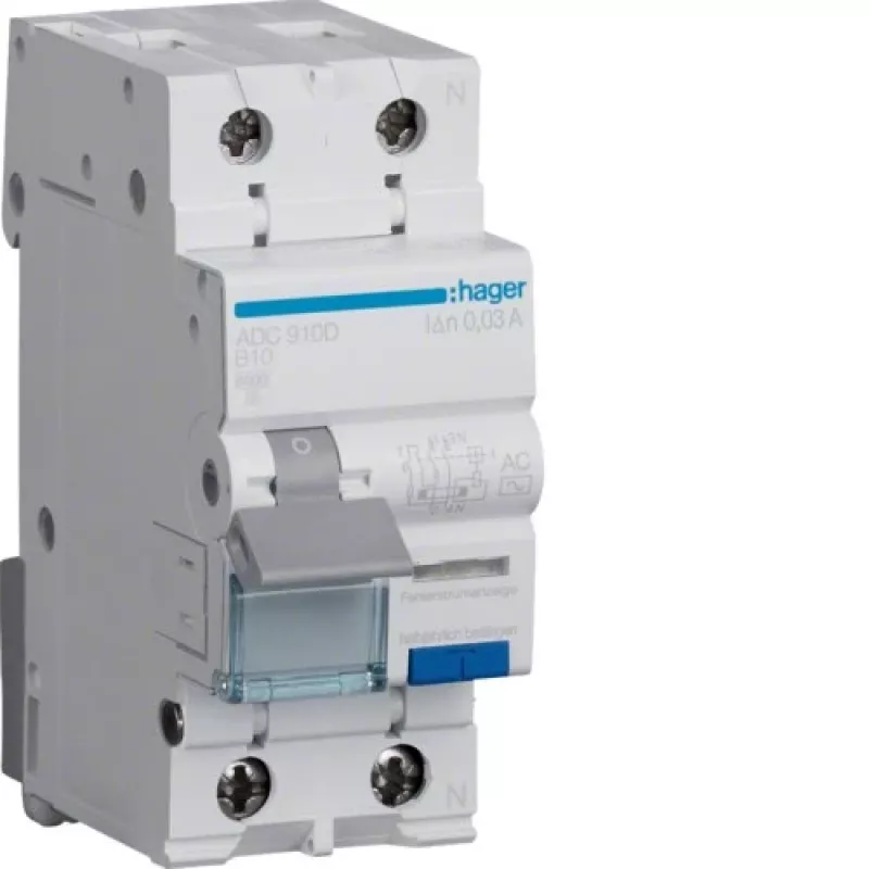 Hager ADC910D RCBO 2P 10A 30mA Type AC Diferenciālais automātiskais slēdzis ar pārstrāvas aizsardzību