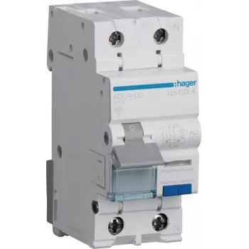 Hager ADC910D RCBO 2P 10A 30mA Type AC Diferenciālais automātiskais slēdzis ar pārstrāvas aizsardzību