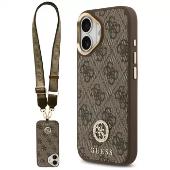 GUESS 4G Strass Logo & Big Strap Metal Buttons MagSafe maciņš iPhone 17 - Brūns