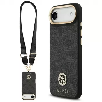 GUESS 4G Strass Logo MagSafe maciņš iPhone Air ar metāla pogām un plaukstas siksniņu - Melns