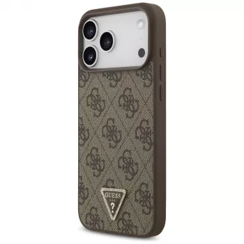 GUESS Leather 4G Triangle Strass MacSafe maciņš iPhone 18 Pro Max / 17 Pro Max - Brūns