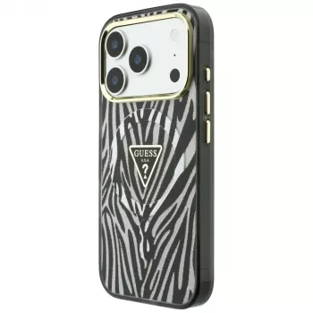 GUESS IML Zebra Glitter Triangle Logo MagSafe vāciņš iPhone 18 Pro Max / 17 Pro Max, sudraba