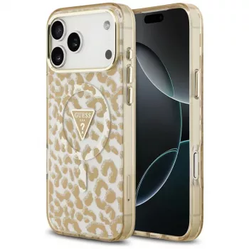 GUESS IML Leopard Glitter Triangle Logo MagSafe maciņš iPhone 18 Pro Max / 17 Pro Max - Brūns