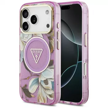 GUESS IML Glitter Flowers Triangle MagSafe maciņš iPhone 18 Pro / 17 Pro - Purpura