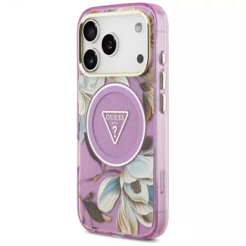 GUESS IML Glitter Flowers Triangle MagSafe maciņš iPhone 18 Pro / 17 Pro - Purpura