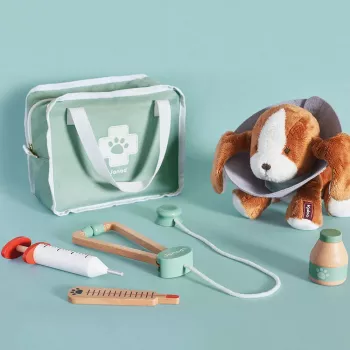 Janod Veterināra komplekts - 10 daļu lomu spēles komplekts ar koka instrumentiem un auduma čemodānu