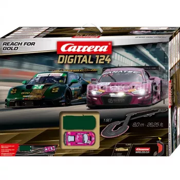 Carrera DIGITAL 124 Reach for Gold slotu sacīkšu komplekts 1:24 mērogā ar 2 mašīnām un bezvadu kontrolieriem