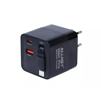 ALLNET 65W GaN USB-C PD sienas lādētājs ar Quick Charge 3.0, 2x USB-C un 1x USB-A