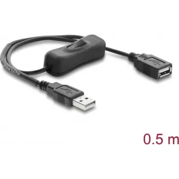 Delock USB pagarinātājkabelis ar slēdzi, Type-A vīriņš–sieviete, 0,5 m, melns