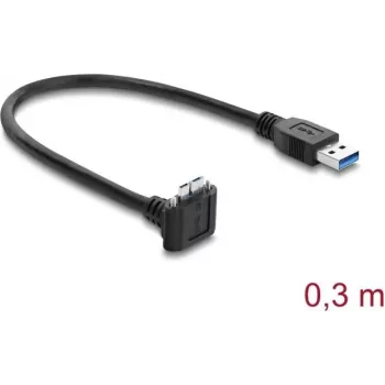 Delock USB 5 Gbps kabelis USB Type-A vīrietis uz USB Micro-B vīrietis ar skrūvju fiksāciju 90° uz augšu leņķis 0,3 m melns