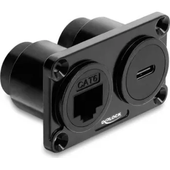 Delock Dual Panel Mount Adapter USB 10 Gbps USB Type-C™ Female PD 100 W + RJ45 Female Cat.6 Melns