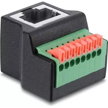 Delock RJ45 Female uz 8 kontaktu spaiļu bloku adapteris, 90° leņķī, ar spiedpogu, melns