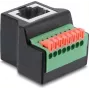 Delock RJ45 Female uz 8 kontaktu spaiļu bloku adapteris, 90° leņķī, ar spiedpogu, melns