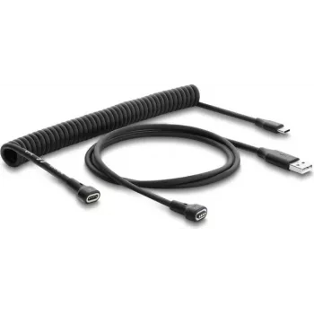 Delock magnētiskais spirāles kabelis USB 2.0 Type-A vīriešu uz Pogo 4 kontaktu vīriešu + USB Type-C vīriešu uz Pogo 4 kontaktu sieviešu adaptera komplekts melns 1,5 m