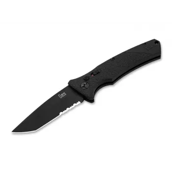 Heckler & Koch FD01 automātiskais Tanto D2 salokāmais nazis, melns alumīnija rokturis, D2 tērauda asmens, spiedpogas fiksators, 85 mm asmens