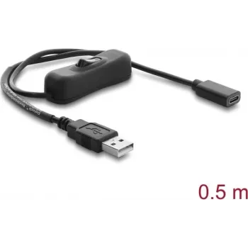 Delock USB barošanas kabelis Type-A vīriešu savienotājs uz USB Type-C sieviešu savienotāju ar slēdzi 0,5 m