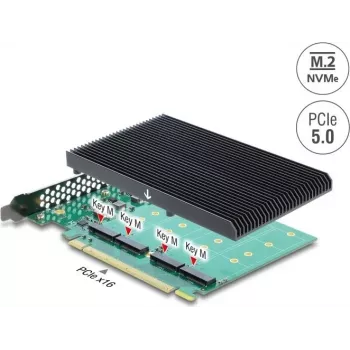 Delock PCI Express 5.0 x16 karte uz 4 x iekšējo NVMe M.2 Key M ar radiatoru - Bifurkācija
