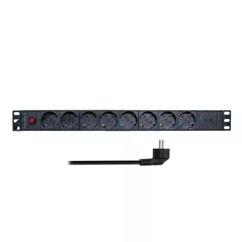 LogiLink PDU8C06 19 inch 1U 8-vietu Schuko PDU ar pārsprieguma aizsardzību, 2x USB-C, pārslodzes aizsardzību, 2m kabeli, melns/sudrabs