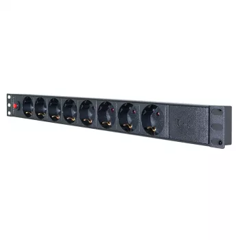 LogiLink PDU8C06 19 inch 1U 8-vietu Schuko PDU ar pārsprieguma aizsardzību, 2x USB-C, pārslodzes aizsardzību, 2m kabeli, melns/sudrabs