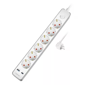 LogiLink kontaktligzdu sloksne ar 6 drošības kontaktligzdām, USB-A un USB-C PD 20W, spiedpogas slēdzis, 1,5 m, balta