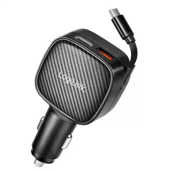 LogiLink USB automašīnas lādētājs, 3 porti ar ievelkamu USB-C kabeli, 60W, PD, QC, melns