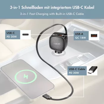 LogiLink USB automašīnas lādētājs, 3 porti ar ievelkamu USB-C kabeli, 60W, PD, QC, melns