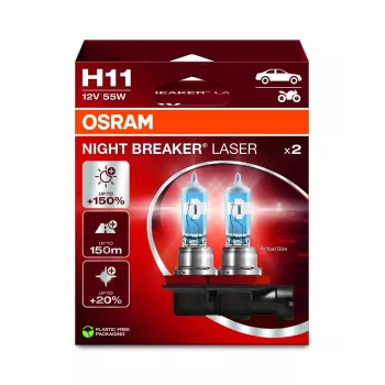 OSRAM NIGHT BREAKER LASER H11 Halogēna spuldze, komplekts 2 gab., 12V 55W PGJ19-2, līdz 150% spožāka, 150m garāks stars, 3900K