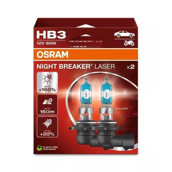 OSRAM Night Breaker Laser HB3 12V 60W P20d Halogena spuldze, dubultie iepakojumi, līdz 150% spožāka, 150m garāks stars, 20% baltāka gaisma
