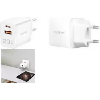 LogiLink PA0369 GaN 20W USB sienas lādētājs, 1x USB-C PD + 1x USB-A QC, balts