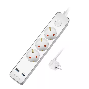 LogiLink LPS287U Pagarinātājs ar 3 drošības kontaktligzdām, USB-A un USB-C PD 20W, spiedpogas slēdzis, 1,5 m vads, balts