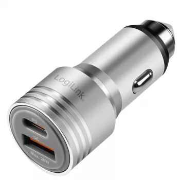 LogiLink USB automašīnas lādētājs, 2 porti, 20W ātrā uzlāde, sudraba