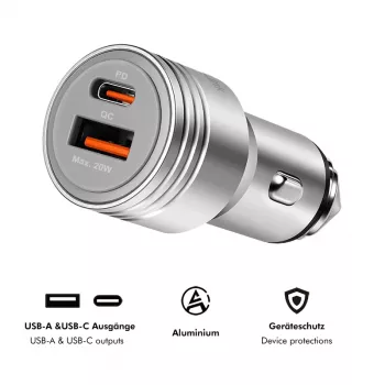 LogiLink USB automašīnas lādētājs, 2 porti, 20W ātrā uzlāde, sudraba