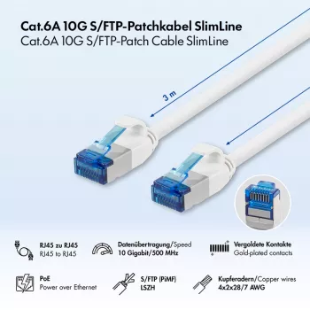 LogiLink SlimLine Cat.6A S/FTP LSZH Patch kabelis, balts, 3 m