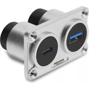 Delock Dual Panel Mount USB 3.2 Gen 1 Type-A Female + USB 3.2 Gen 2 Type-C Female ar 100 W Power Delivery, sudraba