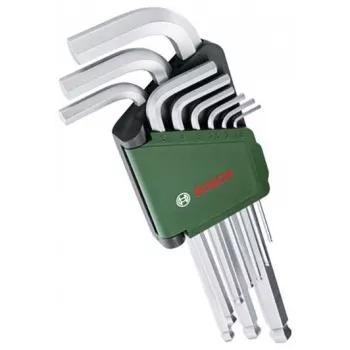 BOSCH 9 daļu sešstūra atslēgu komplekts ar krāsu kodētām L-atslēgām, lodveida galu un noturēšanas funkciju, metrisks 1,5-10 mm, BlackLaser apdare, klipu turētājs