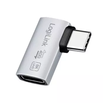 LogiLink USB4 Type-C 90° Adapteris, C/M uz C/F, 40 Gbps, 240W, 8K/60Hz, alumīnijs, sudrabs