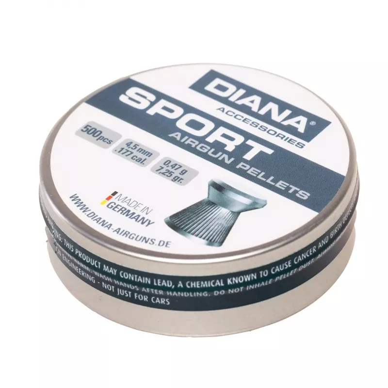 DIANA Sport 4,5 mm Diabolo granulas .177 Cal, 500 gab., apaļa galviņa, svins, gaisa šautenēm un pistolēm