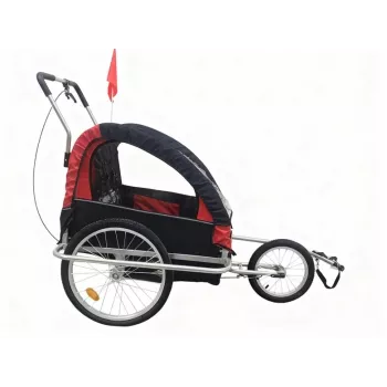 Bērnu velosipēda piekabe BT002 – 2-vietīga, tērauda rāmis, 5 punktu drošības jostas, 20 inch pneimatiskie riteņi, lietus un kukaiņu pārklājs, melna/sarkana