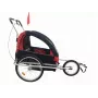 Bērnu velosipēda piekabe BT002 – 2-vietīga, tērauda rāmis, 5 punktu drošības jostas, 20 inch pneimatiskie riteņi, lietus un kukaiņu pārklājs, melna/sarkana