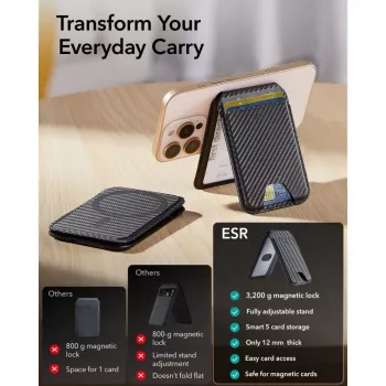 ESR Classic RFID magnētiskais maciņš-statīvs ar MagSafe, oglekļa šķiedras melnā krāsā