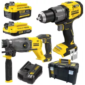 STANLEY V20 18V bezvadu kombinētais urbjmašīnas un triecienskrūvgrieža komplekts ar 4.0Ah un 2.0Ah baterijām