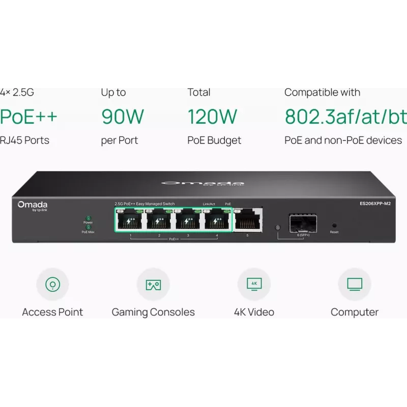 TP-Link Omada Easy Managed 5-Portu 2.5G PoE++ slēdzis ar 10G SFP+ augšupsaiti (ES206XPP-M2)