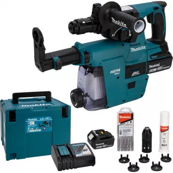 Makita DHR243JWX2 18V Bezsuku SDS-Plus 3-Režīmu Bezvadu Rotācijas Āmurs Urbju Komplekts ar 2x 5.0Ah Akumulatoriem, Lādētāju un Makpac Futrāli