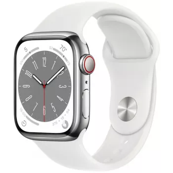 Apple Watch Series 8 GPS + Cellular 41mm nerūsējošā tērauda korpuss ar sporta siksniņu, sudraba/balta (MNJ53EL/A)